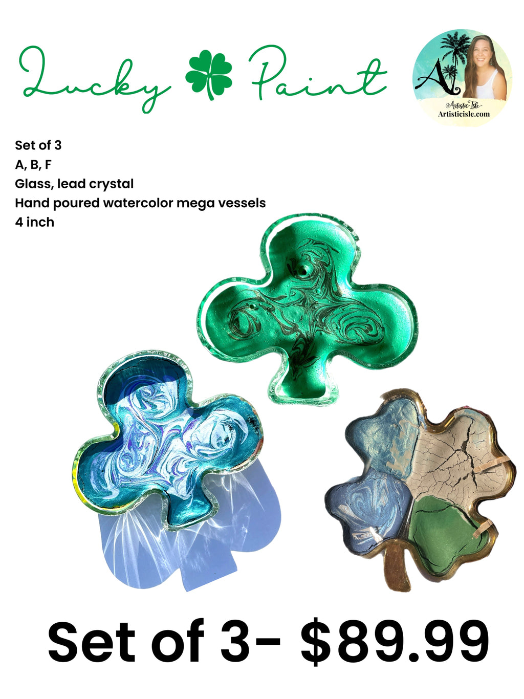Lucky Paint, 4 inch, hand poured watercolor into clover glass or crystal