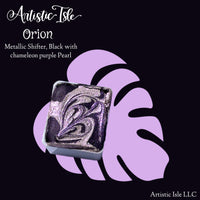 Orion, black with metallic chameleon purple swirl, watercolor, half pan