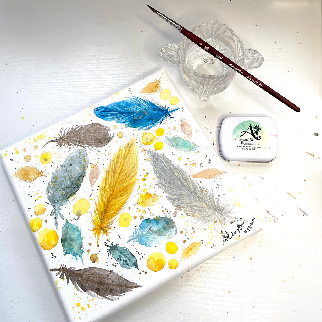 Feather Painting, watercolor art, original watercolor on canvas